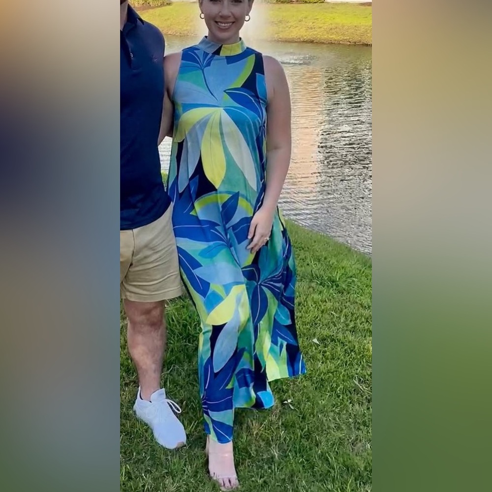 Nicole miller blue and yellow floral high neck maxi dress